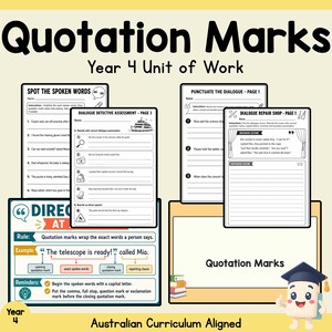 May include: A collection of educational worksheets titled Quotation Marks Year 4 Unit of Work. The pages include exercises like Spot the Spoken Words, Dialogue Detective Assessment, Punctuate the Dialogue, and Dialogue Repair Shop with text.