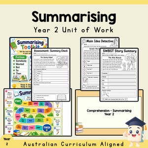 Può includere: Un'unità didattica per il secondo anno sul riassunto, che comprende diversi fogli di lavoro in bianco e nero, un gioco da tavolo colorato e un poster. I materiali includono testi intitolati Summarising, Main Idea Detective e SWBST Story Summary.