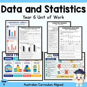 Pode incluir: Uma coleção de fichas educativas intitulada Data and Statistics Year 6 Unit of Work. As páginas incluem exercícios de matemática como comparação de gráficos, classificação de variáveis, conjuntos de dados e um jogo de tabuleiro.