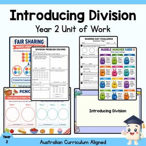 Puede incluir: Una unidad de trabajo de segundo año titulada Introducing Division, que incluye hojas de ejercicios sobre reparto equitativo, resolución de problemas de división y tarjetas de desafío con ilustraciones de monstruos coloridos y ejercicios matemáticos.