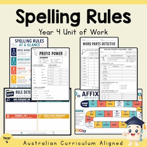Può includere: Una raccolta di schede didattiche intitolate Spelling Rules Year 4 Unit of Work. Le pagine includono Prefix Power, Word Parts Detective, Spelling Strategy Challenge e un gioco da tavolo Affix, con un personaggio dei cartoni animati.