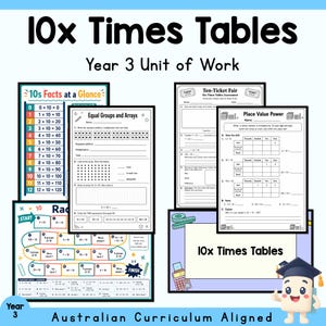 Könnte beinhalten: Eine Sammlung von Arbeitsblättern und einem Brettspiel mit dem Titel 10x Times Tables Year 3 Unit of Work. Die Materialien umfassen Einmaleins-Tabellen, Übungen zum Stellenwert und ein buntes Spielbrett, alle mit schwarzem Text auf weißem Papier.