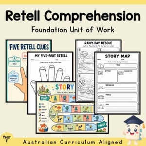Può includere: Una raccolta di schede didattiche intitolata Retell Comprehension Foundation Unit of Work. Le pagine includono Five Retell Clues, My Five-Part Retell, una sequenza Rainy-Day Rescue, una Story Map e un gioco da tavolo numerato a colori.