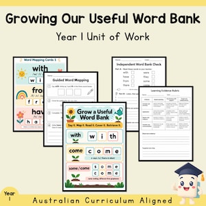 Puede incluir: Hojas de trabajo educativas tituladas Growing Our Useful Word Bank Year 1 Unit of Work. Las páginas incluyen ejercicios de mapeo de palabras, una verificación de banco de palabras y una rúbrica de evaluación con texto y gráficos.