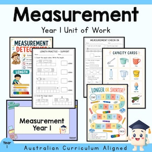 Puede incluir: Una colección de hojas de trabajo titulada Measurement Year 1 Unit of Work. Las páginas incluyen actividades como Length Practice, Measurement Check-in, Capacity Cards y un juego de mesa Longer or Shorter con ilustraciones coloridas.
