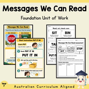 May include: Educational materials titled Messages We Can Read Foundation Unit of Work, featuring worksheets with reading exercises, stop signs, bin illustrations, and assessment pages. The documents include instructional steps for reading, acting, and checking.