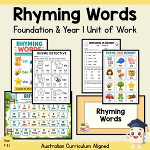 Peut inclure: Un ensemble de fiches pédagogiques intitulé Rhyming Words Foundation & Year 1 Unit of Work. Le kit comprend une activité Rhyme Detective, une évaluation Rhyme Round-Up, un jeu de mémoire Rhyme Pair et un jeu de plateau avec des cases numérotées.