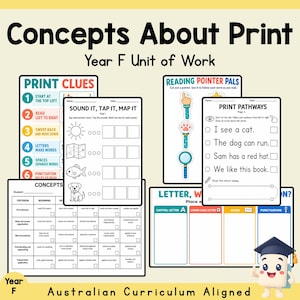 May include: Educational worksheets titled Concepts About Print Year F Unit of Work, featuring Print Clues, Sound It Tap It Map It, Reading Pointer Pals, Print Pathways, and a Concepts assessment grid, with a cartoon graduate character in the corner.