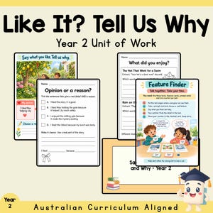 May include: A Year 2 educational unit of work titled Like It? Tell Us Why, featuring multiple printable worksheets with text and illustrations. The pages include exercises like Opinion or a reason, What did you enjoy, and Feature Finder, all designed for classroom learning activities.