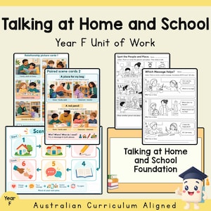 Puede incluir: Material educativo titulado Talking at Home and School Year F Unit of Work. Incluye hojas de trabajo con ilustraciones de niños y adultos en diversos entornos, tarjetas de escenas y un diagrama de secuencia. Incluye un personaje de dibujos.