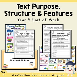 May include: Educational materials titled Text Purpose, Structure & Features Year 4 Unit of Work. Includes worksheets on author purpose, finding features, and assessments with text about butterflies, plus a character wearing a graduation cap.
