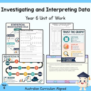 May include: Educational materials titled Investigating and Interpreting Data Year 6 Unit of Work. Includes worksheets on statistical cycles, comparing distributions, community recreation surveys, and a board game titled Data Detective Trail.