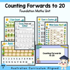 May include: A collection of educational maths worksheets titled Counting Forwards to 20 Foundation Maths Unit. The pages feature garden-themed illustrations, number tracing activities, ten frames, and sequences for students to complete with numbers.