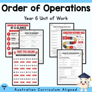Puede incluir: Una unidad de trabajo de sexto grado sobre el orden de las operaciones con hojas de ejercicios educativas: Order of Operations at a Glance, Solve in Sequence, Mastery Check, Equation Pathway Race, Target Total Challenge y Equivalent Expression Builder.