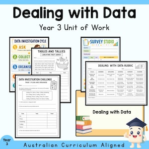 Könnte beinhalten: Eine Sammlung von Arbeitsblättern mit dem Titel Dealing with Data Year 3 Unit of Work. Die Unterlagen umfassen einen Datenuntersuchungszyklus, Tabellen und Strichlisten, ein Survey Studio-Formular, eine Daten-Challenge und eine Bewertungstabelle.