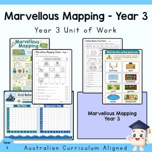 May include: A collection of educational worksheets titled Marvellous Mapping Year 3, featuring grid reference activities, adventure camp maps, pantry position word exercises, and bird's-eye view map symbol cards with a cartoon graduation character.