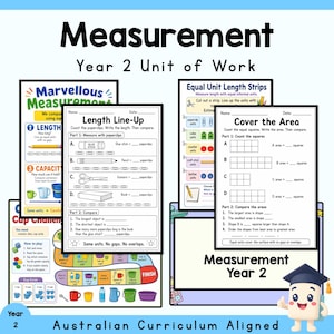 Può includere: Una raccolta di schede didattiche intitolata Measurement Year 2 Unit of Work. Le pagine presentano testo e illustrazioni in bianco e nero per esercizi di matematica, tra cui Length Line-Up, Cover the Area e un gioco colorato.
