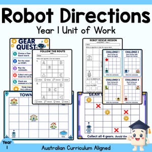 May include: Educational worksheets titled Robot Directions Year 1 Unit of Work featuring grid-based logic puzzles, Gear Quest challenges, and a Robot Rescue Mission assessment with colorful icons of robots, gears, buildings, and directional arrows.