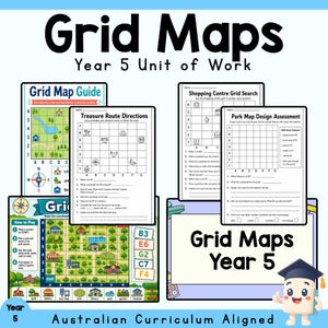 Könnte beinhalten: Eine Sammlung von Arbeitsblättern mit dem Titel Grid Maps Year 5 Unit of Work. Die Seiten enthalten gitterbasierte Karten, Koordinatenübungen, Schatzroutenanweisungen und eine Parkplanungsaufgabe, die auf den australischen Lehrplan abgestimmt sind.