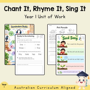 Peut inclure: Fiches pédagogiques intitulées Chant It, Rhyme It, Sing It, Year 1 Unit of Work. Comprend le plateau de jeu Soundmakers Studio, l'activité Ready to Go Listening, la page Pet Parade et le tableau Seed Song avec des étapes numérotées.
