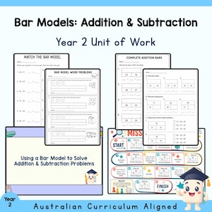 Puede incluir: Hojas de trabajo educativas tituladas Bar Models: Addition & Subtraction Year 2 Unit of Work. Incluye páginas para emparejar modelos de barras, problemas matemáticos, completar barras de suma y un colorido juego de mesa.