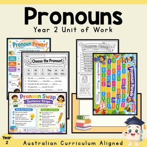 Puede incluir: Material educativo para una unidad de pronombres de segundo año, que incluye hojas de trabajo tituladas Pronoun Power, Choose the Pronoun, Pronoun Match y Pronoun Parade, con gráficos coloridos, ejercicios de texto y un juego.