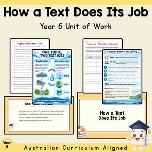 May include: Educational materials titled How a Text Does Its Job Year 6 Unit of Work, featuring worksheets, posters, and charts about text structures, explanations, and information reports, with a cartoon graduate character in the corner.