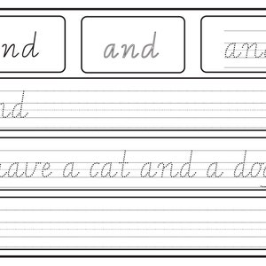 Puede incluir: Hoja de trabajo de pr&aacute;ctica de escritura cursiva en blanco y negro con la palabra "and" escrita varias veces y la frase "I have a cat and a dog." escrita una vez.