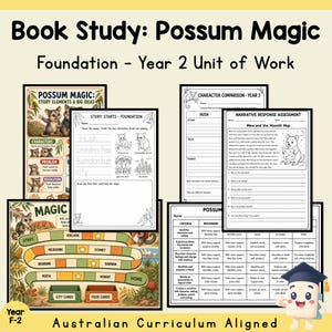 May include: A collection of educational worksheets and a board game titled Book Study: Possum Magic, Foundation - Year 2 Unit of Work. The materials include character comparison charts, narrative assessments, and a colorful game board with Australian city names.