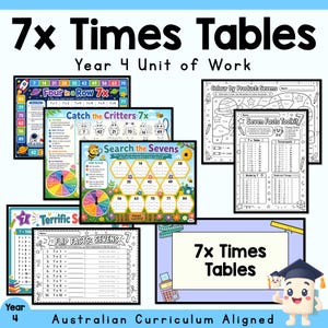 Könnte beinhalten: Eine Sammlung von Arbeitsblättern für das 7er-Einmaleins mit farbenfrohen Spielen wie Four in a Row, Catch the Critters und Search the Sevens sowie schwarz-weißen Übungsblättern mit den Titeln Seven Facts Toolkit und Flip Facts: Sevens.