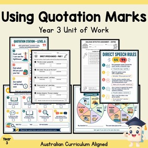 May include: A collection of educational worksheets titled Using Quotation Marks Year 3 Unit of Work. The pages include Direct Speech Basics, Direct Speech Rules, and a Dialogue Detective Assessment, featuring colorful icons and text for students.