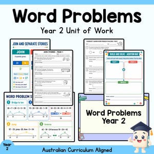 Può includere: Una raccolta di schede didattiche intitolata Word Problems Year 2 Unit of Work. Le pagine presentano esercizi di matematica, inclusi problemi di addizione e sottrazione, tappetini per il calcolo e strategie con la linea dei numeri.