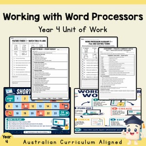 Op de afbeelding: Een leseenheid voor groep 6 getiteld Working with Word Processors, bestaande uit diverse werkbladen, een bordspel met genummerde vakjes, een procesdiagram en een stripfiguur met een afstudeerhoedje.