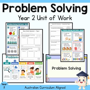 May include: A Year 2 Problem Solving unit of work featuring educational worksheets, trail cards with maths word problems, and a visual guide for reading, representing, choosing, solving, and checking answers, all aligned with the Australian curriculum.