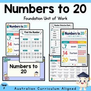 May include: A collection of educational worksheets titled Numbers to 20 Foundation Unit of Work. The pages feature number charts, a Number Detective Check, and a Find the Number activity with numerals, words, and dot collections for counting.