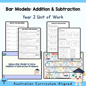 May include: Educational worksheets titled Bar Models: Addition & Subtraction Year 2 Unit of Work. The pages feature math problems, bar model diagrams, and a colorful board game with a cartoon character wearing a graduation cap and gown.