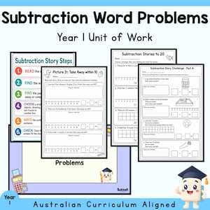 Könnte beinhalten: Eine Sammlung von Arbeitsblättern mit dem Titel Subtraction Word Problems Year 1 Unit of Work. Die Seiten enthalten mathematische Übungen, Zahlenstrahlen und Subtraktionsaufgaben mit Illustrationen von Fischen, Gläsern und Karotten.