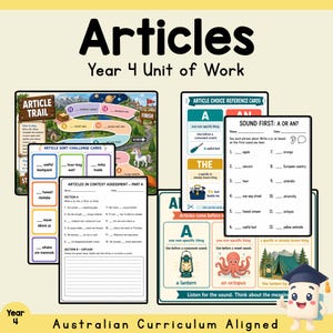 Könnte beinhalten: Eine Sammlung von Arbeitsblättern und Spielbrettern mit dem Titel Articles Year 4 Unit of Work. Die Materialien umfassen ein Article Trail Brettspiel, Article Sort Challenge Karten, ein Bewertungsblatt und Referenzkarten zur Verwendung von a, an und the.