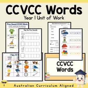 May include: Educational worksheets for Year 1 students focusing on CCVCC words. The pages include exercises like Tap the Five Sounds, Word Detective Assessment, and I Spy CCVCC Words, featuring illustrations of plants, brooms, and various objects with text labels.
