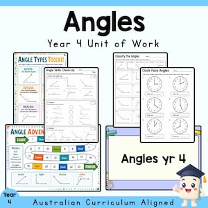 May include: A Year 4 educational unit of work titled Angles, featuring multiple printable worksheets. The materials include an Angle Types Toolkit, an Angle Skills Check-Up, a Clock Face Angles activity, and an Angle Adventure board game.