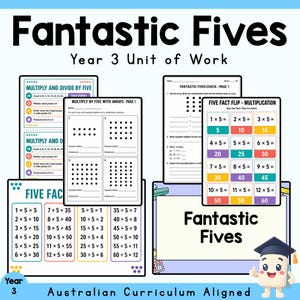 Könnte beinhalten: Eine Sammlung von Arbeitsblättern mit dem Titel Fantastic Fives Year 3 Unit of Work. Die Seiten enthalten Multiplikations- und Divisionsübungen, Arrays, Faktenfamilien und ein farbiges Raster mit Multiplikationsaufgaben von 1x5 bis 12x5.