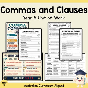 以下が含まれることがあります： 「Commas and Clauses Year 6 Unit of Work」と題された教育用ワークシート。Comma Compass、Comma Foundations、Comma Decisions、Essential or Extra、Comma Codeの各ページには、演習、評価基準、漫画のキャラクターが含まれています。