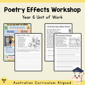May include: A Poetry Effects Workshop Year 6 Unit of Work educational resource featuring multiple printed worksheets. The pages include text titled Two bus-stop poems, two effects, At the Bus Stop, Before School, My place, my effect, and Craft commentary rehearsal A.