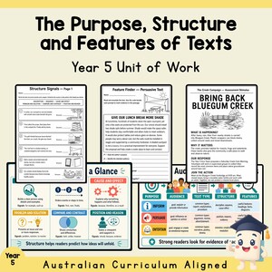 Könnte beinhalten: Ein Lehrmaterial mit dem Titel The Purpose, Structure and Features of Texts Year 5 Unit of Work. Es enthält Arbeitsblätter zur Textanalyse, Strukturmerkmale und überzeugendes Schreiben sowie eine Comicfigur mit Doktorhut.