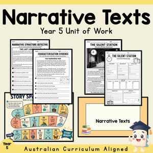 May include: A collection of educational worksheets titled Narrative Texts Year 5 Unit of Work. The documents include Narrative Structure Detective, Characterisation Evidence, The Silent Station, and a colourful Story Spark board with numbered steps.