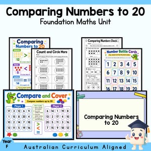 Könnte beinhalten: Eine Sammlung von Arbeitsblättern mit dem Titel Comparing Numbers to 20 Foundation Maths Unit. Die Seiten enthalten mathematische Übungen, Zahlen-Kampfkarten und ein Compare and Cover-Spielbrett mit einem Alligator und einer Figur.