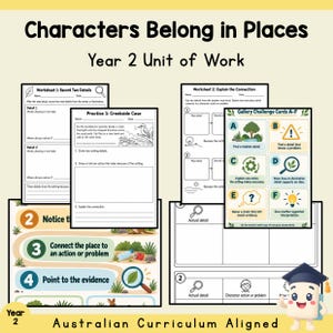 May include: A Year 2 educational unit titled Characters Belong in Places featuring worksheets, practice pages, and gallery challenge cards. The materials include text, diagrams, and illustrations of a kookaburra, magnifying glasses, and a cartoon graduate.