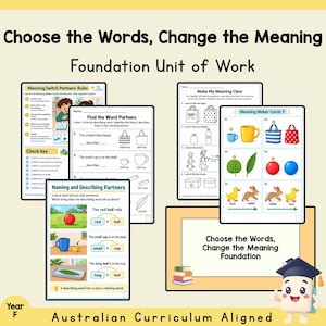 Peut inclure: Fiches pédagogiques intitulées Choose the Words, Change the Meaning Foundation Unit of Work, proposant des exercices sur les mots, le nommage et la description, avec des illustrations de sacs, tasses, feuilles et animaux.
