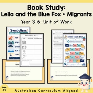 Könnte beinhalten: Ein digitales Lehrmaterial mit dem Titel Book Study: Leila and the Blue Fox + Migrants Year 3-6 Unit of Work. Es enthält Arbeitsblätter zum Symbolismus, eine Symbol-Suchliste, eine Bewertung und ein buntes Symbol Sleuth Trail Brettspiel.