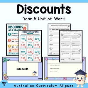 Könnte beinhalten: Eine Unterrichtseinheit für das 6. Schuljahr zum Thema Discounts mit Arbeitsblättern, Prozent-Zuordnungskarten und Lehrpostern. Die Materialien enthalten mathematische Aufgaben, Prozentumrechnungstabellen und eine Zeichentrickfigur mit Doktorhut.
